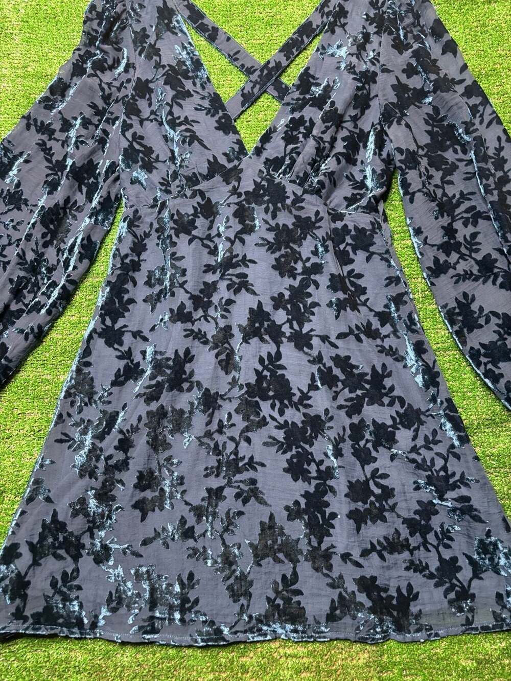 Lulus Blue Velvet Burnout Floral Long Sleeve Crossback Mini Dress